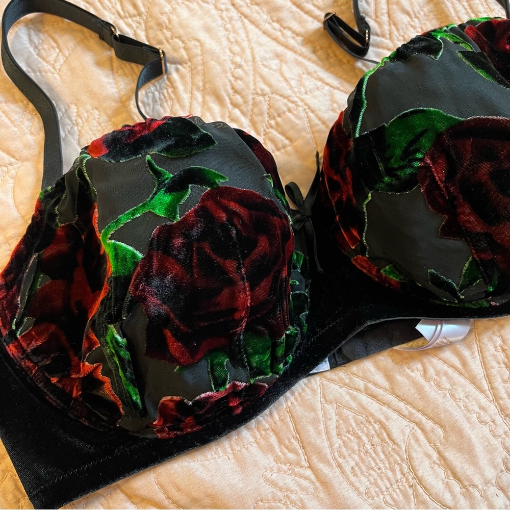 Savage X Fenty Black Bra with Red & Green Floral Velvet - Picture 5 of 5